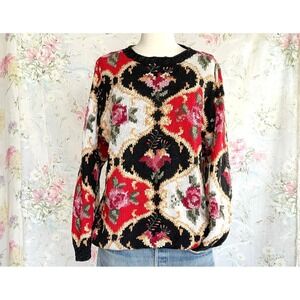 Vintage Crystal Kobe M Sweater Roses Floral Ramie Cotton Multi 80s Cottage Grann